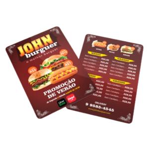 Cardápio em PVC PVC 0,3mm Branco 13,6x21cm 4x0 Brilho/Verniz UV Total Frente e Verso Cantos Arredondados 02 Páginas