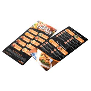 Cardápio em PVC PVC 0,3mm Branco 13,7x29,4cm 4x4 Brilho/Verniz UV Total Frente e Verso Cantos Arredondados 02 Páginas