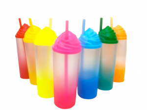 Copo Long Drink Degradê Com Tampa Chantilly Plástico 300ml Colorido Pintura Degradê Transfer 