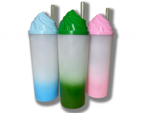 Copo Long Drink  Jateado Com Tampa Chantilly Plástico 300ml Colorido Pintura Jateada Transfer 