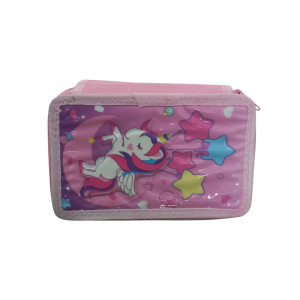 Estojo Box Unicórnio Tecido 12 x 20 x 3 cm Rosa   3 Divisórias + 31 Repartições