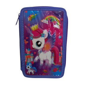 Estojo Box Unicórnio Tecido 12 x 20 x 3 Roxo   3 Divisórias +31 Repartições