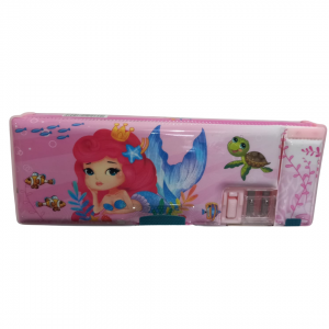 Estojo Caixa Sereia Plástico 9 x 24 x 3 cm Rosa   3 Compartimentos + Apontador Duplo