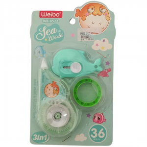 Kit Escolar Fofo Plástico 12 x 18 x 5 cm Verde   Acompanha 1 Corretivo Em Fita/ 1 Mini Estilete/ 1 Fita Adesiva Decorativa