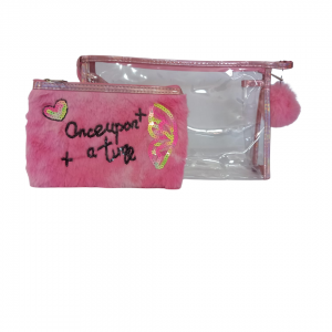 Kit Necessaire Plástico 25 x 16 x 3 cm Rosa   Acompanha 1 Necessaire Pelúcia