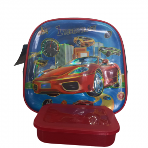 Lancheira Infantil Térmica Carros Turbo Blast  26 x 25 x 7 cm Preta/ Azul   Brinde Vasilha De Plástico