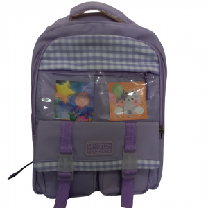 Mochila Feminina Escolar Tecido 27 x 43 x 12 cm Lilás   5 Repartições + 2 Bolsos Laterais